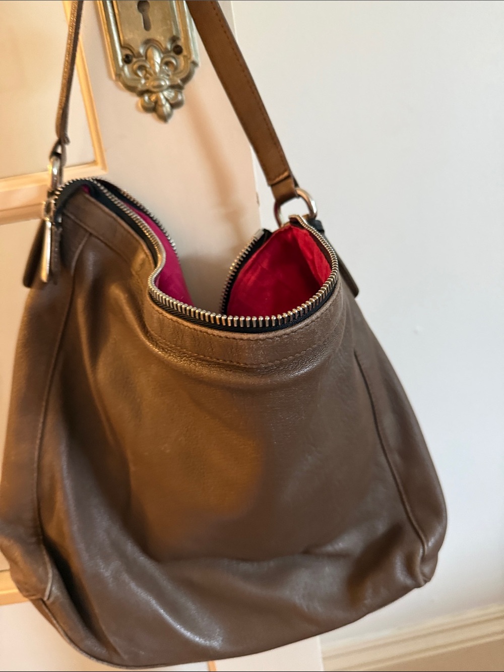 Furla Brown Leather Shoulder Bag with Pink Interior